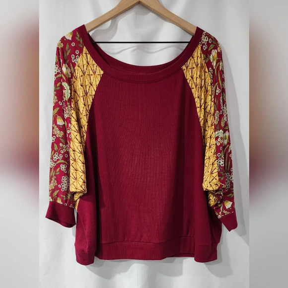Cato Womens Mixed Media Top Size 14/16W Maroon Ribbed Floral Geometric Dolman - Picture 1 of 6